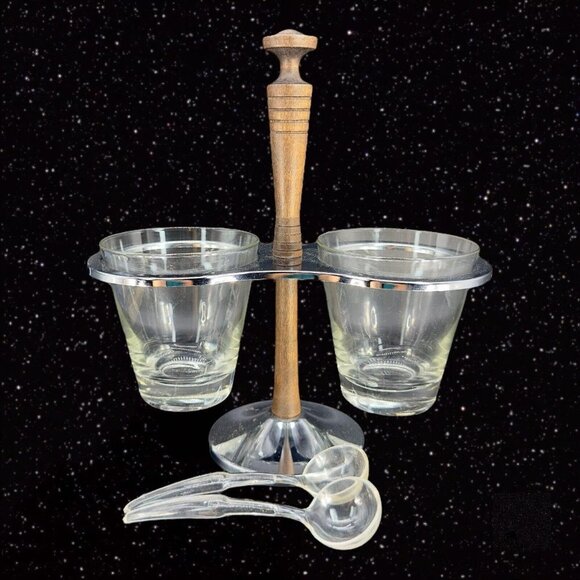 Mid Century Modern MCM Glass & Teak Condiment Server Vintage Relish Caddy Spoons - Picture 12 of 13